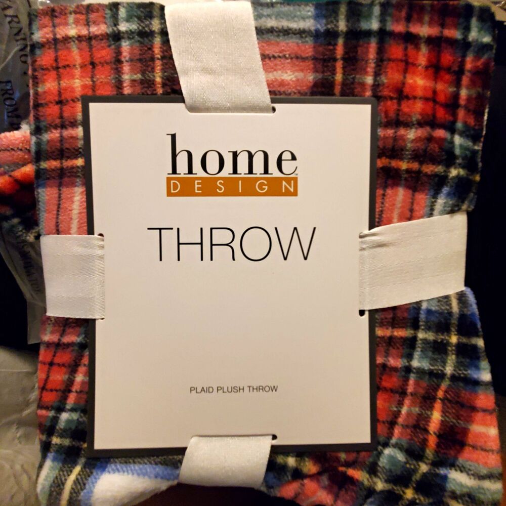 Home Design Plaid Plush Polyester Throw Blanket 50x60 Red Blue Green White